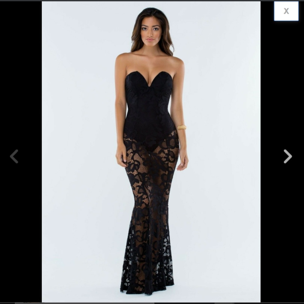 Strapless Plunge Sheer Floral Lace Mermaid Dress S